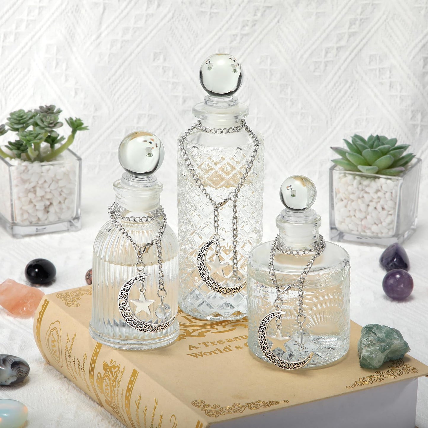Potchen 3 Pcs Moon Energy Glass Bottle with 3 Lunar Star Spiritual Moonlight Water Jar Chain Charging Container with Lid for Infusing Intentions Crystal Cleansing Meditation Witchcraft Home Decor