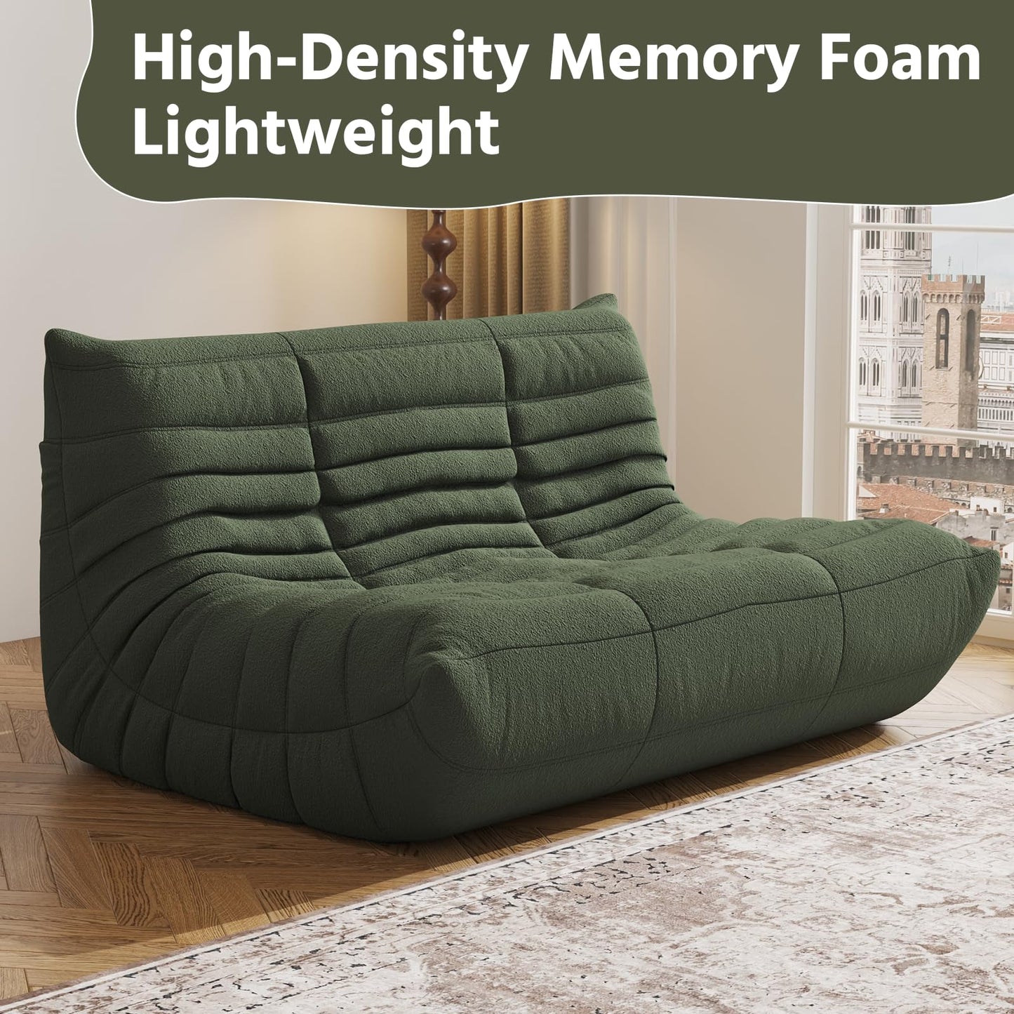 Comfy Memory Foam Loveseat Bean Bag Chair for Adults - Teddy Fleece Fireside Accent Chair for Reading, Lazy Floor Sofa Couch Boneless Chaise Lounge for Living Room Bedroom Home Theater, 2 Seater