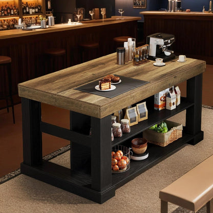 Tribesigns Kitchen Island with Storage, 55-Inch Farmhouse Stationary Island Table with Large Countertop, 3-Tier Wooden Center Bar Table for Kitchen, Dining Room, Black and Brown