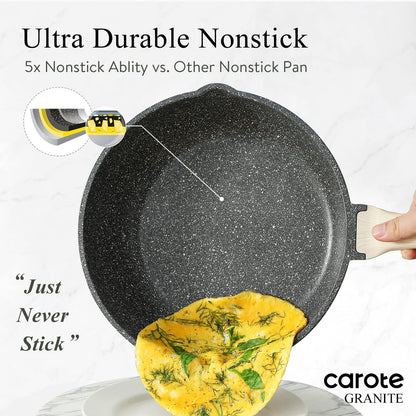 CAROTE 12 Inch Nonstick Deep Frying Pan with Lid, 5.5 Qt Jumbo Cooker Saute Pan with Pour Spout, Skillet Induction Cookware, Non Stick Cooking Pan PFOA Free, Classic Granite