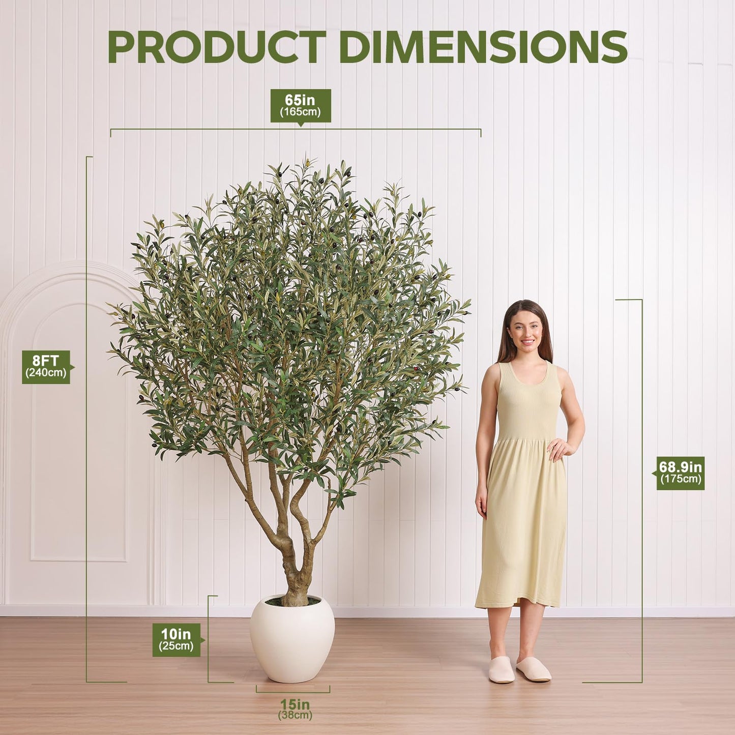 VeriNatural Olive Trees Artificial Indoor, 8FT Tall Faux Olive Tree with Round White Planter, UV Resistant Outdoor Large Fake Olive Plants for Modern Home Decor Living Room Office