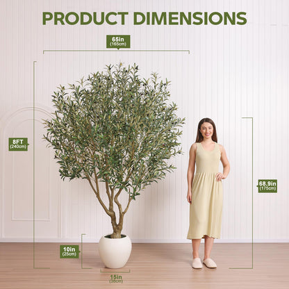 VeriNatural Olive Trees Artificial Indoor, 8FT Tall Faux Olive Tree with Round White Planter, UV Resistant Outdoor Large Fake Olive Plants for Modern Home Decor Living Room Office