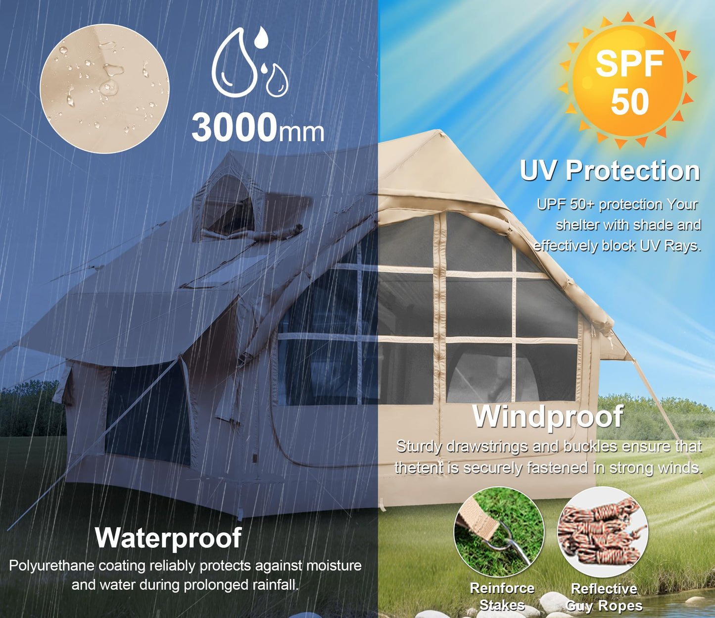 Inflatable Tents for Camping with Skylight, 4/6 Person Easy Setup Blow Up Tents for 4 Seasons Waterproof Inflatable Camping Tent with Awning, Air House Glamping Tents for Camping Adult