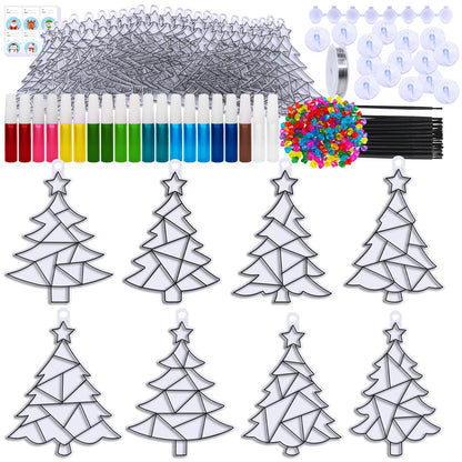 Winlyn 24 Sets Christmas Tree Suncatchers Ornaments Decorations DIY Window Paint Art Suncatchers Winter Crafts Painting Kits for Kids Classroom Activities Art Project Party Favors