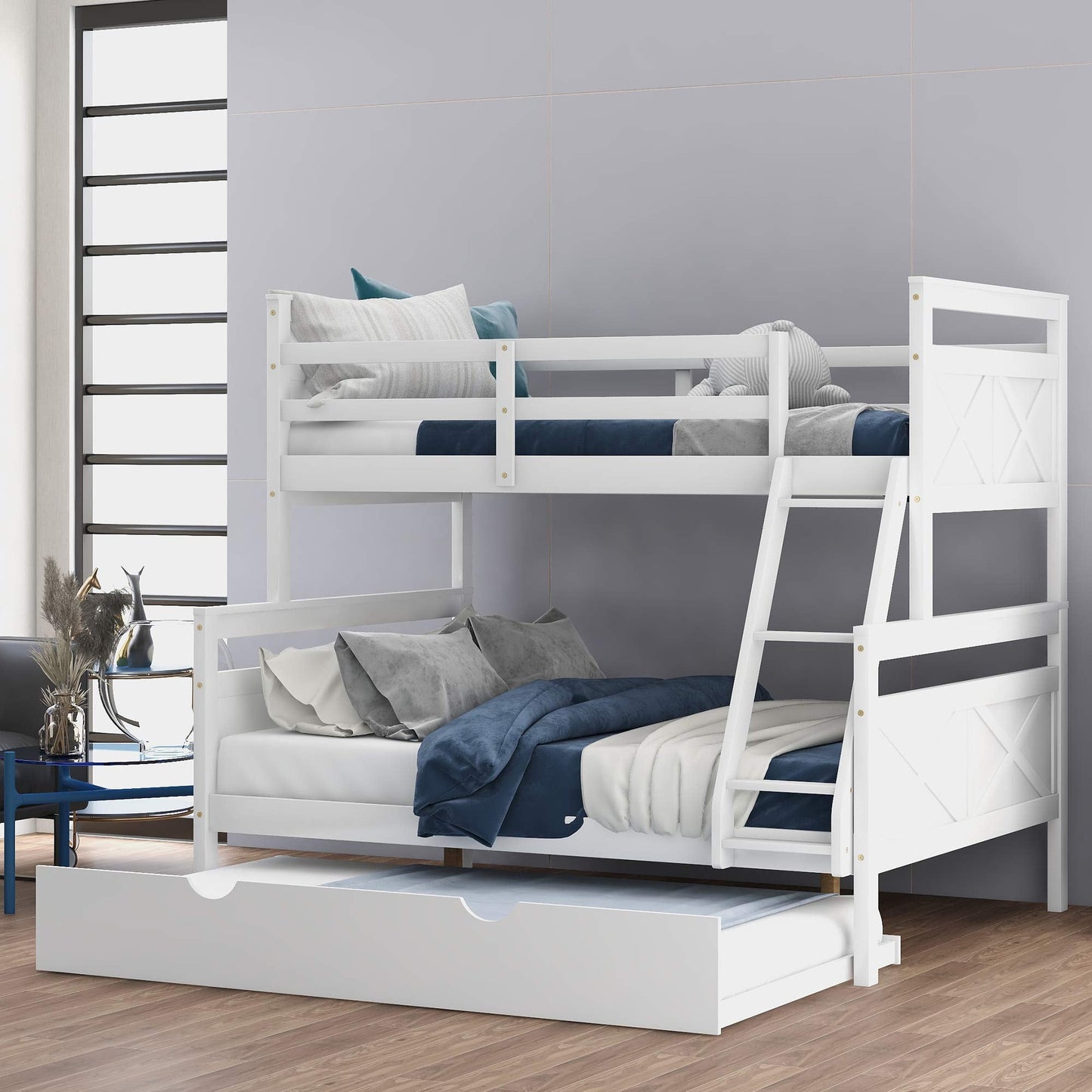 Merax Twin Over Full Wood Bunk Bed Withe Trundle and Safety Guardrail for Teens, Guests，No Box Spring Needed, White