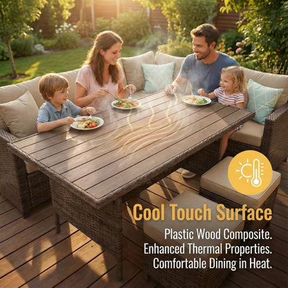 Wisteria Lane 7 Piece Patio Furniture Set, High Curved Back Wicker Patio Sectional, All Weather Outdoor Dining Set, Outdoor Furniture Patio Conversation Set with Ottoman, Brown