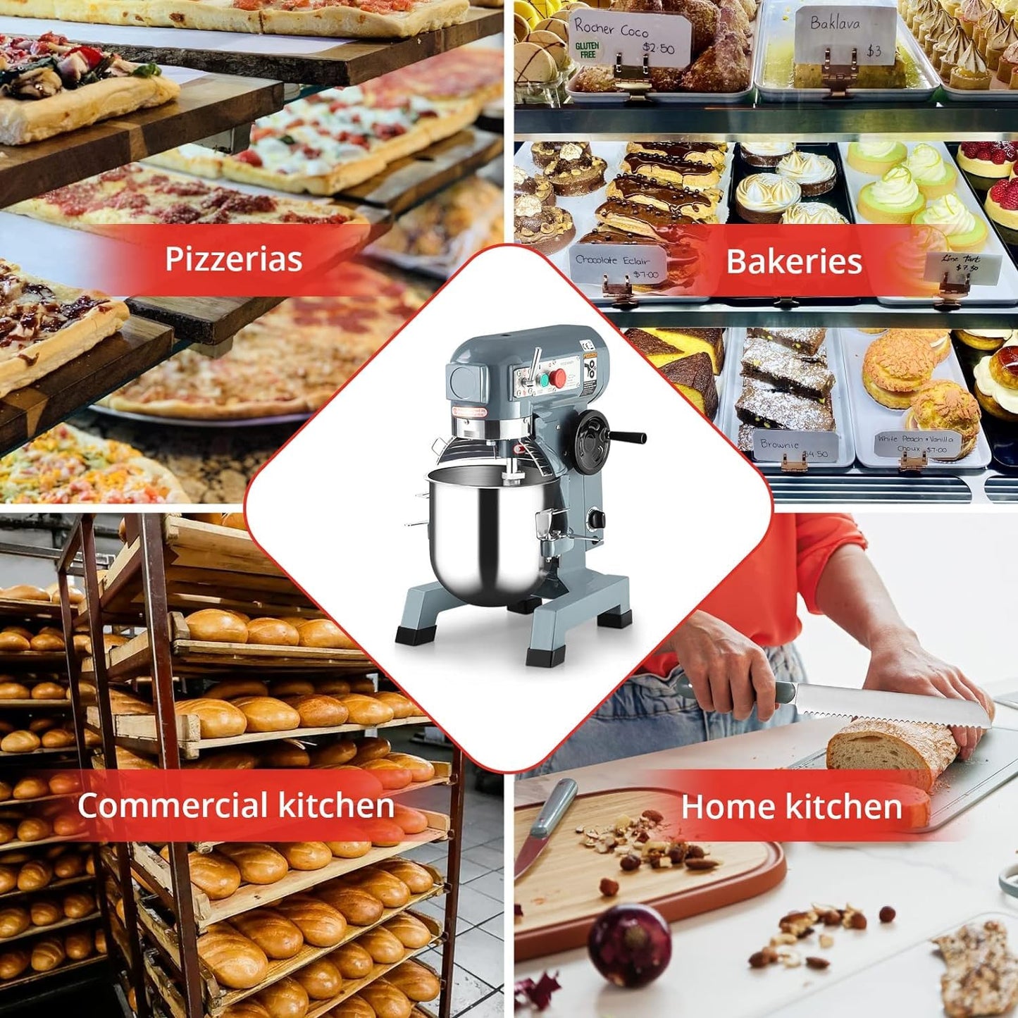 Takywep 30QT Commercial Food Mixer with Timing Function, Heavy Duty Commercial Mixer 1250W, Stainless Steel Bowl Commercial Electric Food Mixer with 3 Speeds Adjustable, Perfect for Bakery Pizzeria
