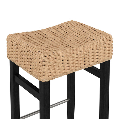 Nathan James Harvey Rattan Bar Stool, Bohemian Counter Height Stool with Woven Seagrass Seat, Solid Wood Legs, and Metal Footrest Seagrass/Brushed Black, Set of 2
