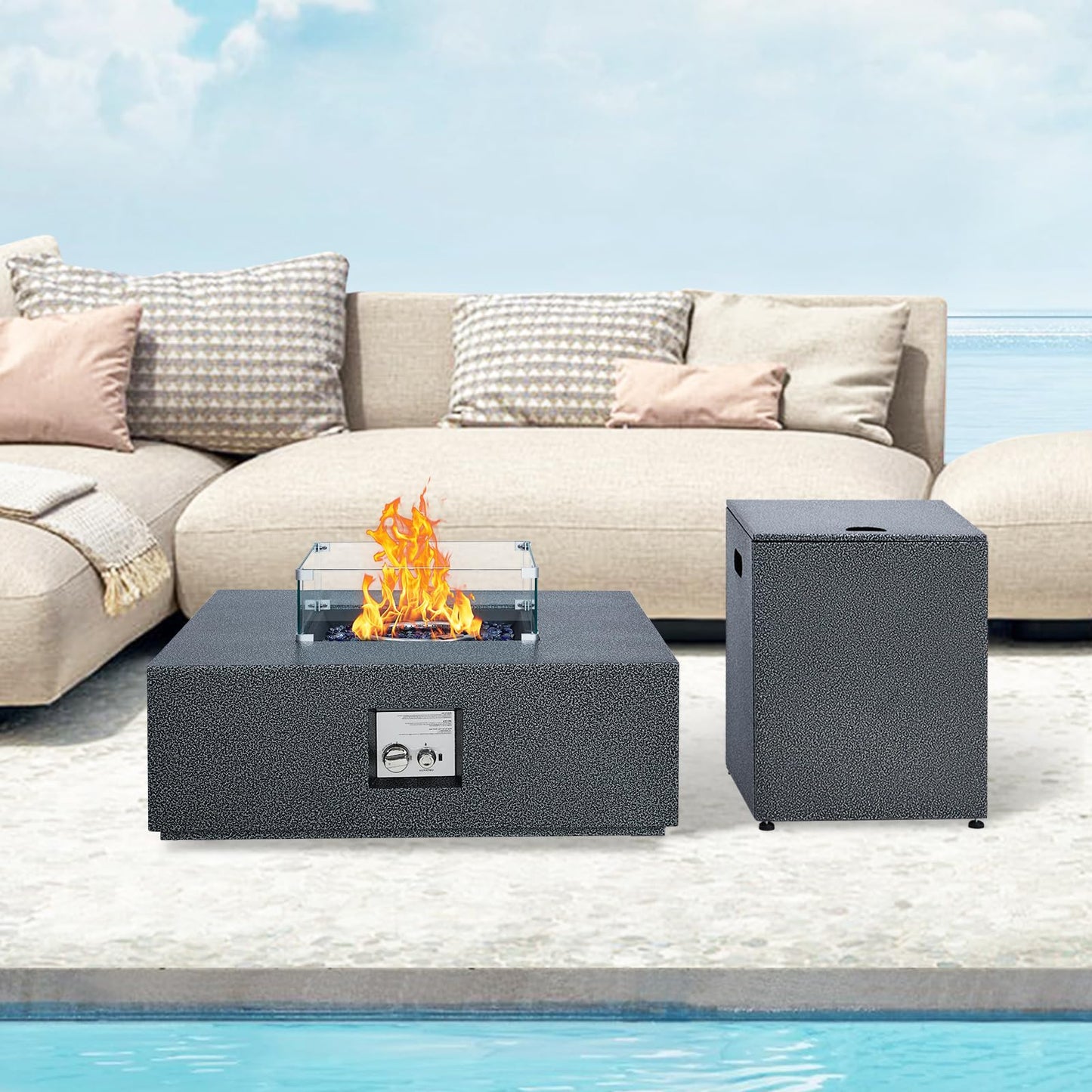 50000 BTU Propane Fire Pit Table, 36 in Outdoor Gas Fire Pit Table with 16 in Propane Tank Cover, Wind Guard, Glass Rocks & Rain Cover for Garden Backyard Deck Patio
