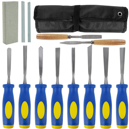 Lulu Home 13 PCS Wood Chisel with Canvas Bag, Wood Carving Tool Set Including Steel Beveled Chisel Tools with Rubber Handles, Rasps and Sharpening Stones for Woodworking