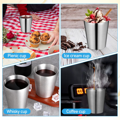 Oqqlin 8 Pcs 10 Oz Stainless Steel Cups, Metal Double Wall Vacuum Tumbler Silver Stackable Unbreakable Drinking Glasses for Party, Camping, Home, BBQ