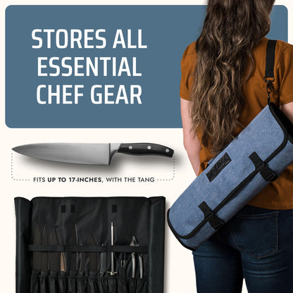 Asaya Waxed Nylon Chef Knife Roll Bag with 20 Slots and Zippered Pockets - Professional Chef Knife Bag & Storage Case, Tool Carrier with Shoulder Strap - Knives Not Included (Blue)