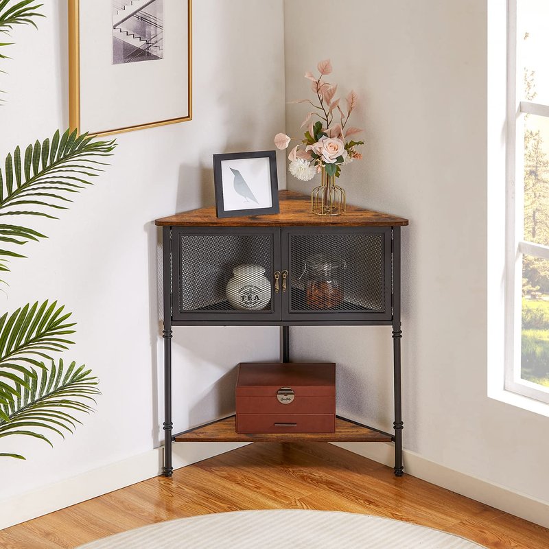 VECELO 3-Tier Corner Shelf with Storage Cabinet, 29" Tall Multiple Purpose Free Standing Shelves Organizer for Small Spaces, Living Room, Bedroom, Kitchen, Balcony, Brown