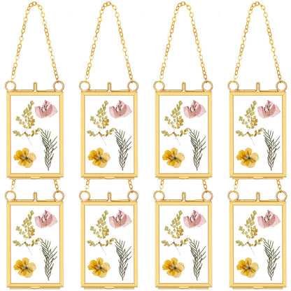 Reginary 8 Pcs 2 x 3 Inch Glass Frame for Pressed Flowers Mini Hanging Double Brass Frame Floating Glass Photo Picture Frame with Chain for Artwork Art Specimen Wall Plant DIY Decor(Gold)