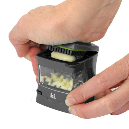 Kitchen Innovations Garlic-A-Peel Garlic Press, Crusher, Cutter, Mincer, and Storage Container - Includes Silicone Garlic Peeler - Easy to Clean - Stainless Steel Blades – (Grey), standard