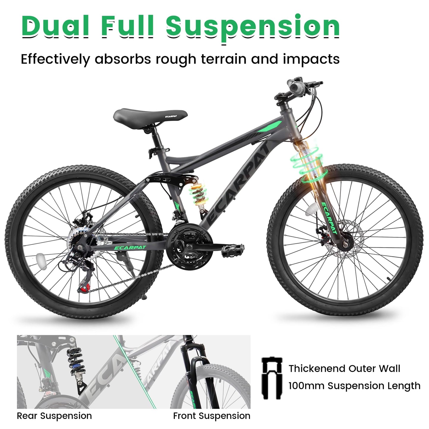 KIAPALNO 26 Inch Mountain Bike, Dual Full Suspension 21 Speed Womens Mens Mountain Bikes, Commuter Bike with Carbon Steel Frame and Dual Disc Brakes