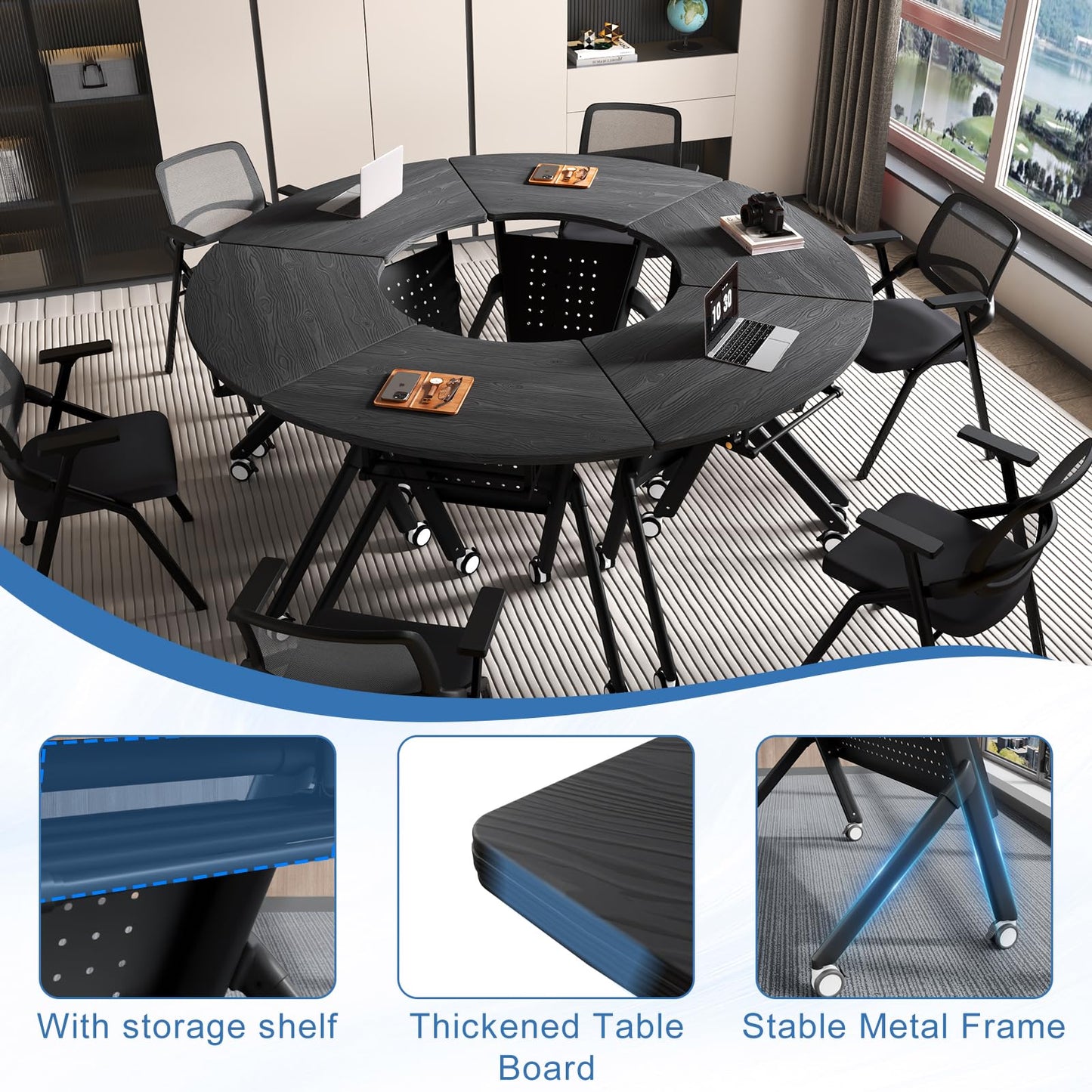 JFazzruit Folding Conference Table,Fan-Shaped Conference Room Tables with Wheels, Mobile Modular Seminar Meeting Desk for Classrooms,Office & Seminar (2, Fan-Black)