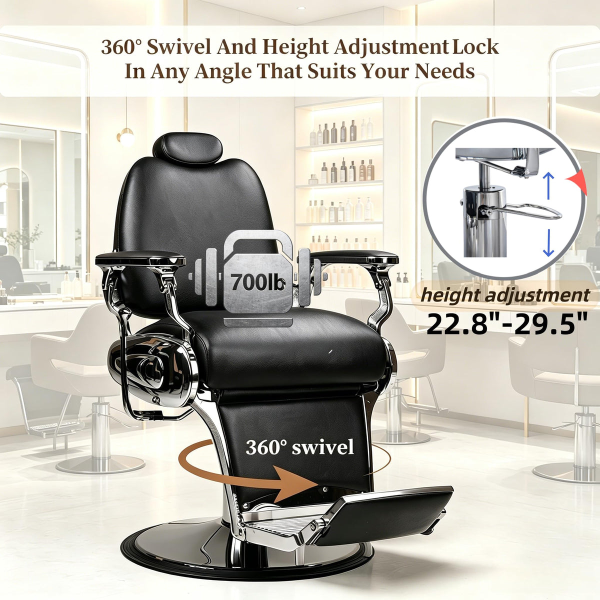 Coczeb Barber Chair Heavy Duty (700LB Capacity), Reclining Hydraulic Salon Stylist Chair for Hairstylist Tattoo Spa Massage(Black-Silver,with Adjustable Headrest & Footrest)