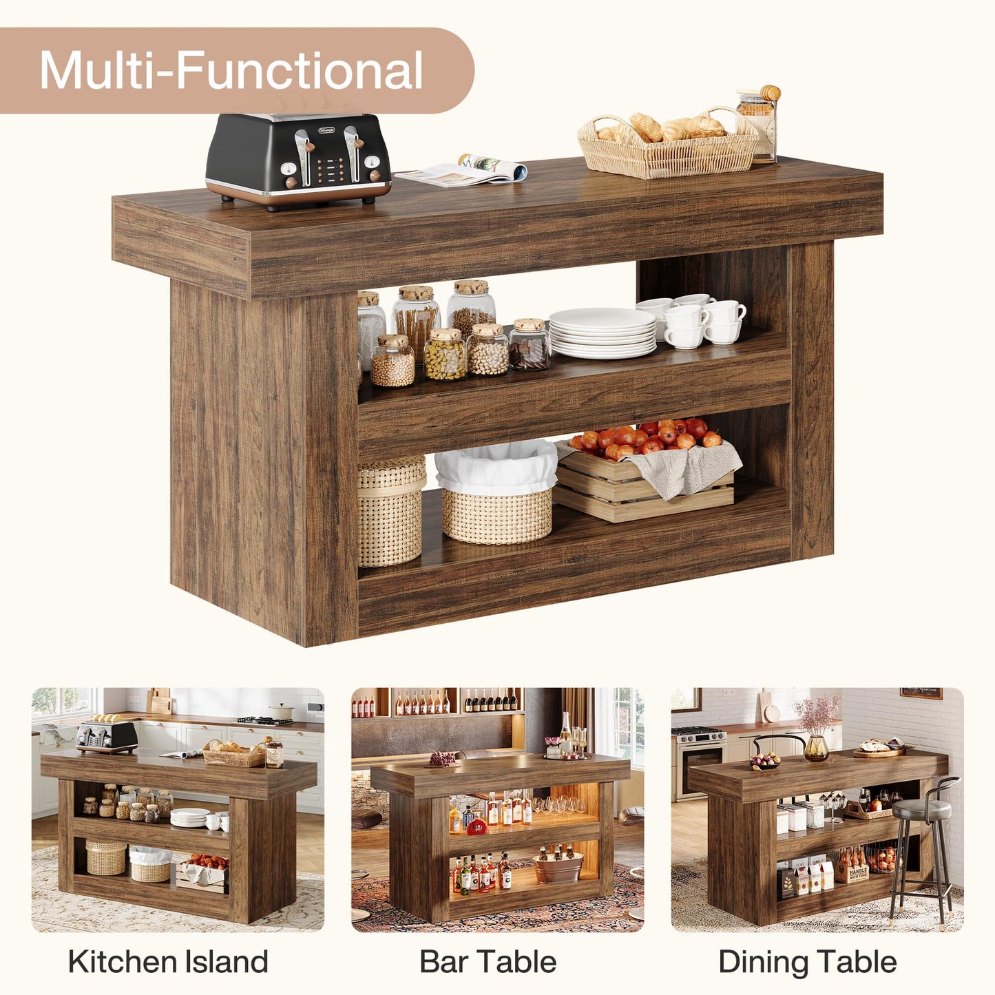 Tribesigns 55-Inch Kitchen Island with Storage, Farmhouse 3-Tier Stationary Island Table with Large Countertop, Wooden Coffee Bar Table Storage Cabinet for Kitchen, Dining Room, Living Room, Brown