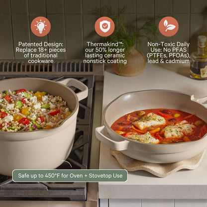 Our Place Cookware Duo | 7-Piece Ceramic Cookware Set with 10.5" Always Pan 2.0, 5.5 Qt Perfect Pot & Strainer Basket | Induction & Oven Safe up to 450°F | Nonstick, Non-Toxic Cookware | Steam