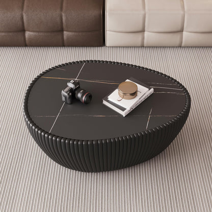 KEIKI 32.1" Goose Eggs Shape Coffee Table, Modern Sofa Side Table with Marble Top & Leather Wrap, Small End Table for Living Room, Bedroom, Office, Black