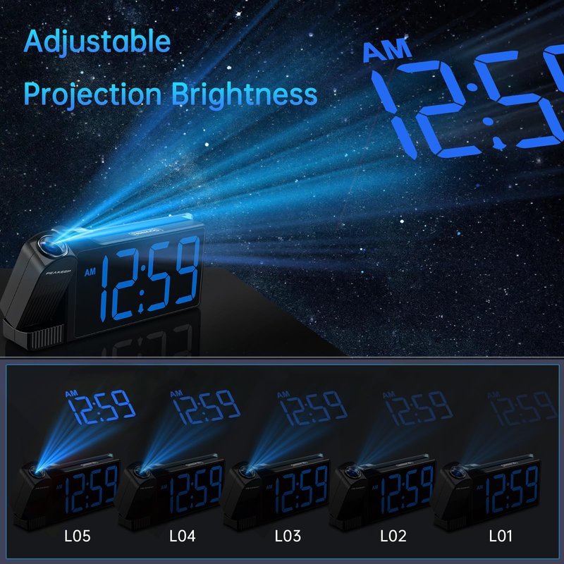 Peakeep Projection Alarm Clock for Bedroom Ceiling, Loud for Heavy Sleepers, RGB Nightlight, Multi-Color Large Display 5 Brightness Dimmer, Plug in Bedside Electric LED Digital Clock with USB Port