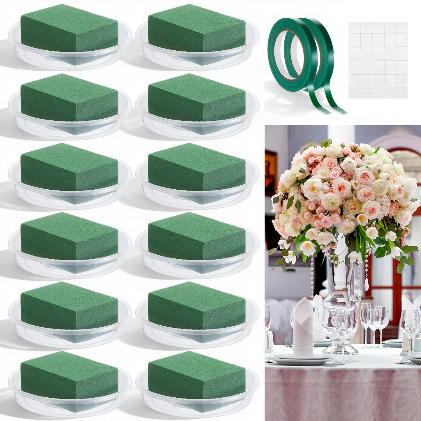 Sabary 12 Sets Flower Foam with 6 Inch Clear Plastic Bowl for Floral Arrangements Wet Floral Foam 2 Roll 32.8 yd Tape 30 Gram White Adhesive for Tall Vases Centerpiece Table Party Wedding Decor