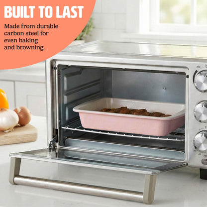 Tasty Nonstick Toaster Oven Baking Set Includes Cake Pan, Oven Tray, Rack, Carbon Steel Bakeware, 3-Piece Set, Pink