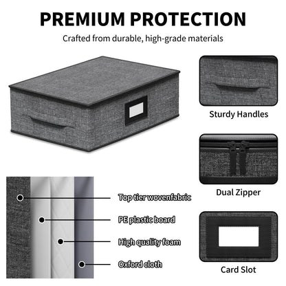Aokeyee 2-Pack Cup & Mug Storage Box with Dividers, Hard Shell Organizer with Lid, Handles, Zippers & Label Slot, Holds 24 Mugs, Teacups & Glasses, Stackable Containerfor Moving & Protection, Grey