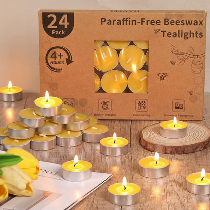 24 Packs Beeswax Tealight Candles, Pure Beeswax Candles Tea Lights Candle, Natural Organic Tealights Unscented Smokeless Clean Burning with 4 Hour Burn Time
