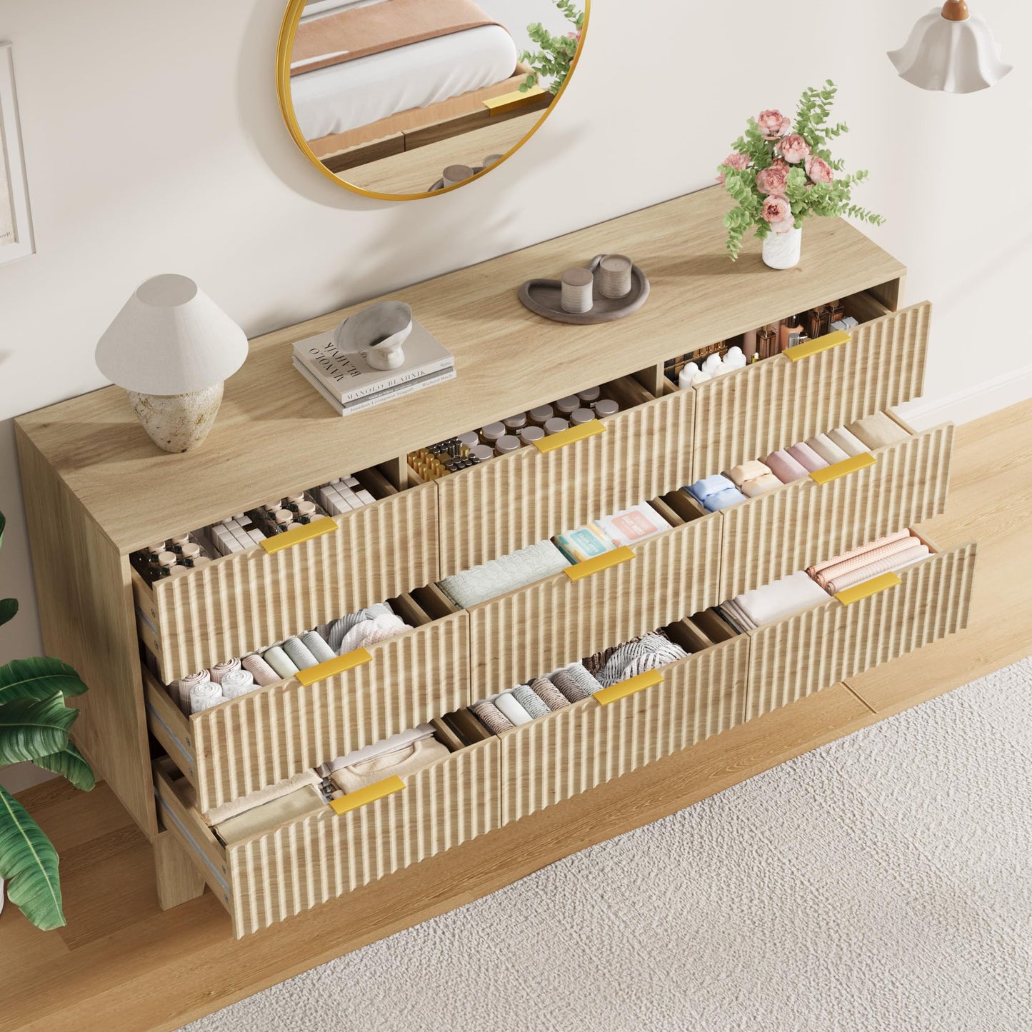 Garvee 9 Drawer Dresser for Bedroom, 59" Wide Fluted Chest of Drawers with Metal Handle, Modern Wooden Dresser TV Stand, Clothes Storage Organizer Wood Closet for Hallway, Entryway, Natural Oak