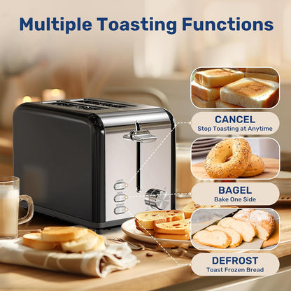 YSSOA 2-Slice Toaster, Retro Stainless-Steel Style with 6 Browning Settings, Extra Wide Slot & Removable Crumb Tray