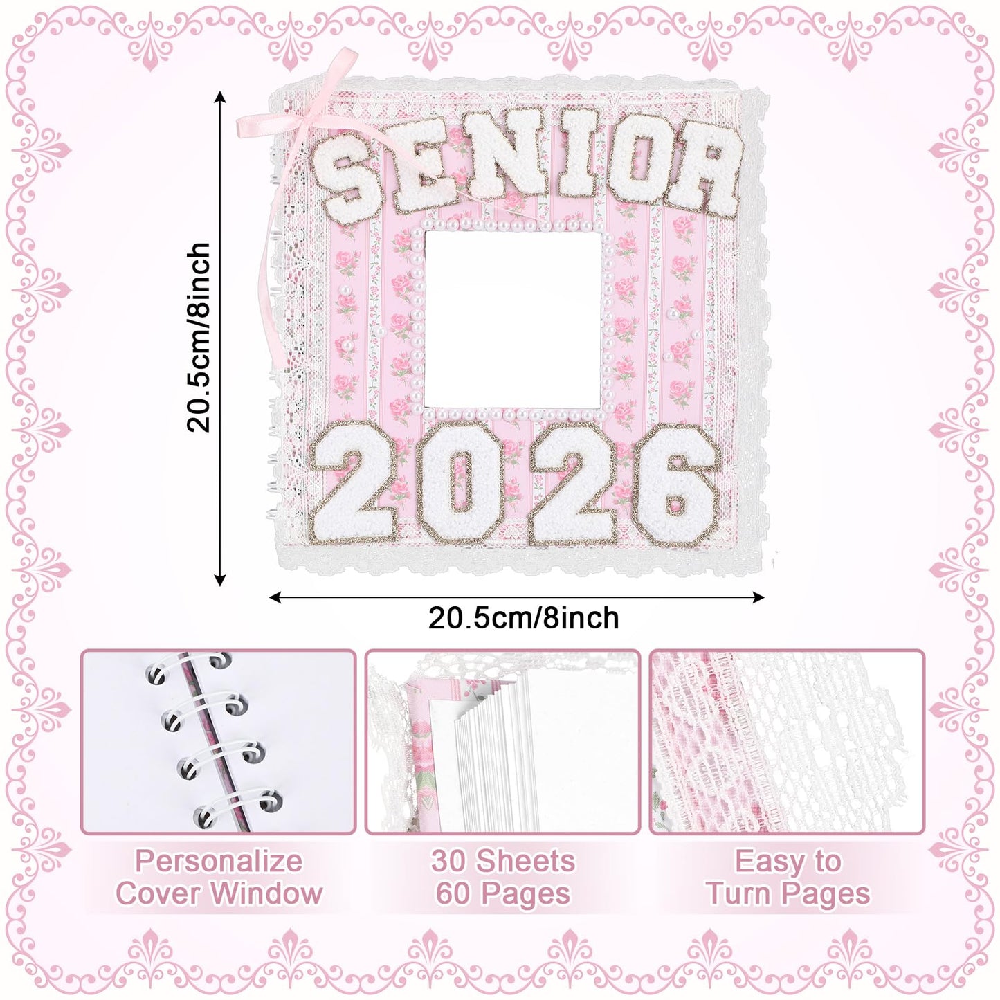 ForraFun Pink Graduation 2026 Scrapbook Album 8" x 8" Class of 2026 Senior Year Memory Book DIY Kit Photo Album Scrapbook for Senior High School College Graduates Customized Graduation Gift 60 Pages