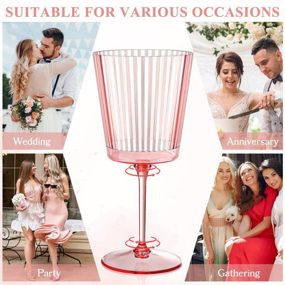 24 PCS Pink Plastic Wine Glasses with Removable Stems 13.5 OZ Ribbed Wine Glass Set Square White Wine Glasses Muted Pastel Colors Goblets Elegant Fluted Glassware for Wedding(Pink, 24 Pack)