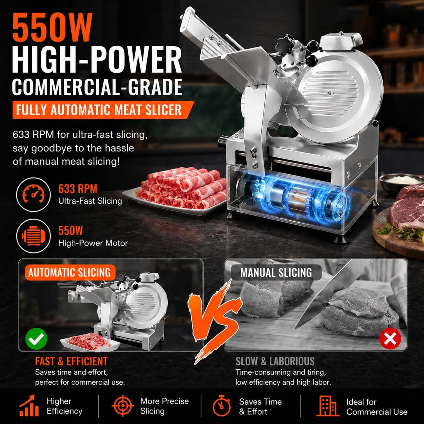 550W Commercial Meat Slicer with 12" Carbon Steel Blade, Auto Dual-Motor, Adjustable Thickness 0-0.5 inch, 633 RPM Fast Slicing, Automatic Meat Slicer for Home, Restaurant, Butcher Shop, Kitchen