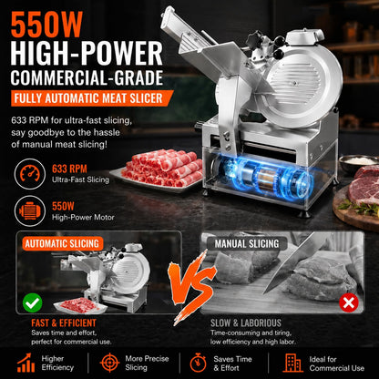 550W Commercial Meat Slicer with 12" Carbon Steel Blade, Auto Dual-Motor, Adjustable Thickness 0-0.5 inch, 633 RPM Fast Slicing, Automatic Meat Slicer for Home, Restaurant, Butcher Shop, Kitchen