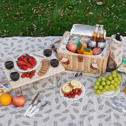 HappyPicnic Picnic Basket for 4, Handmade Wicker Picnic Set with Folding Table and Waterproof Blanket, Large Insulated Picnic Basket with Wine Bag & Cutlery Kit for Picnic, Camping, Holidays (Leaf)