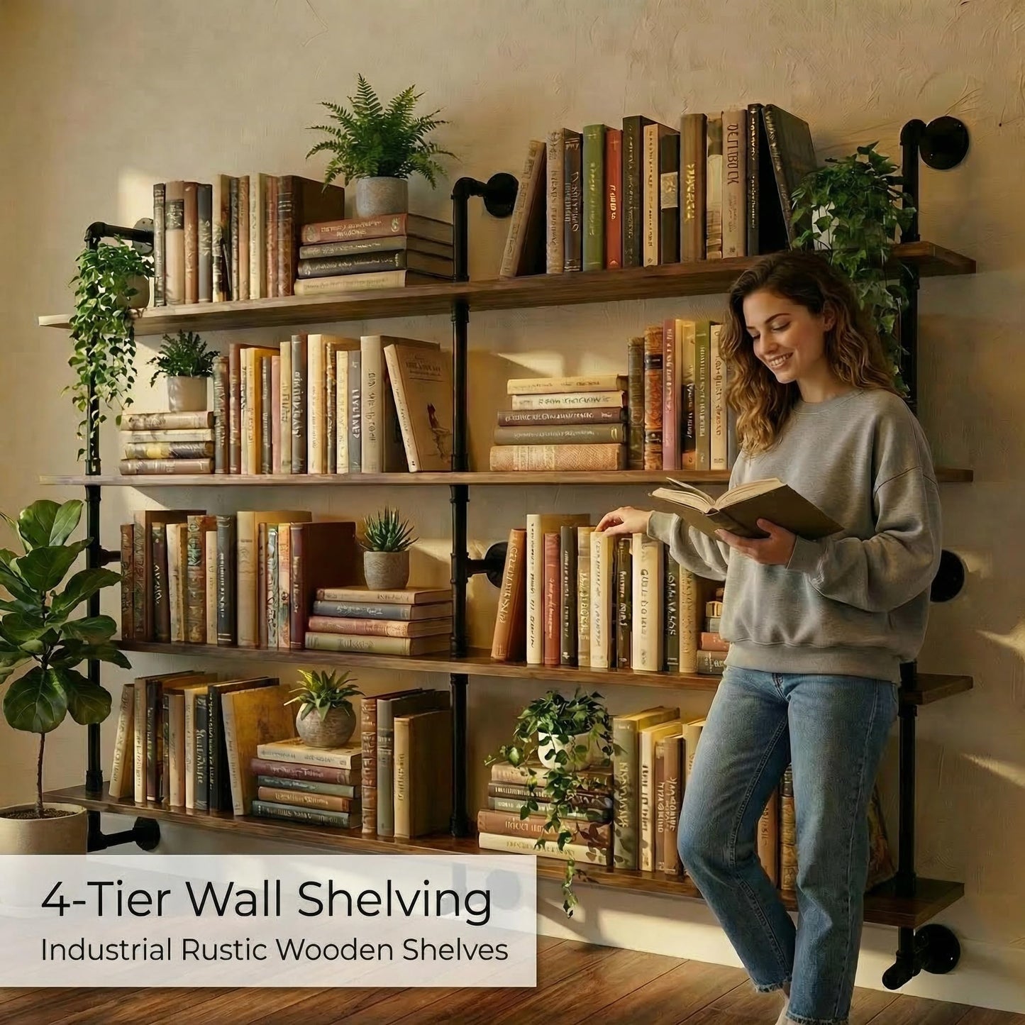 Industrial Pipe Wall Shelves With Real Wood Plank, 70 Inches Floating Shelves for Wall, 4 Tier Farmhouse Book Shelves, Dark Brown for Kitchen, Living Room Decor and Bar