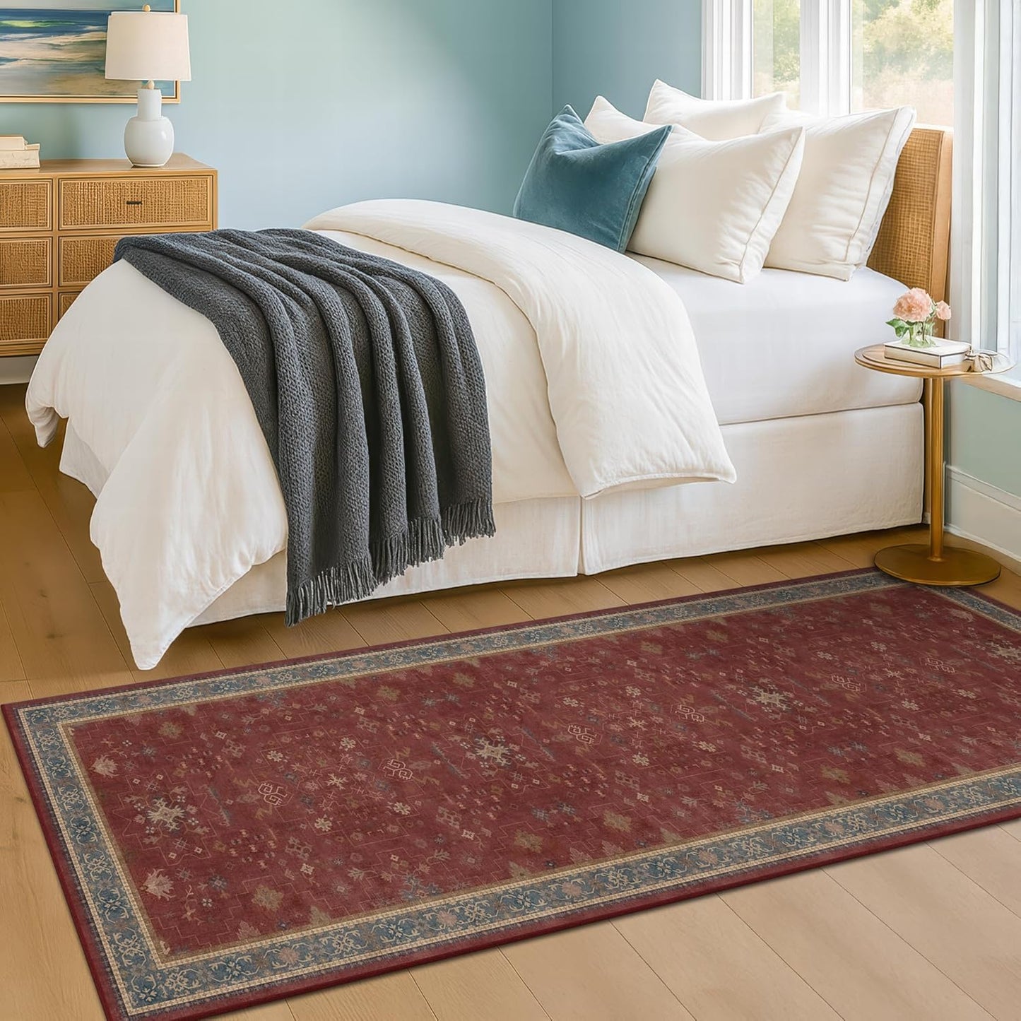 Turkish Kitchen Runner Rugs - Non-Skid Washable Design | Dark Red 2x6 for Hallway & Bathroom