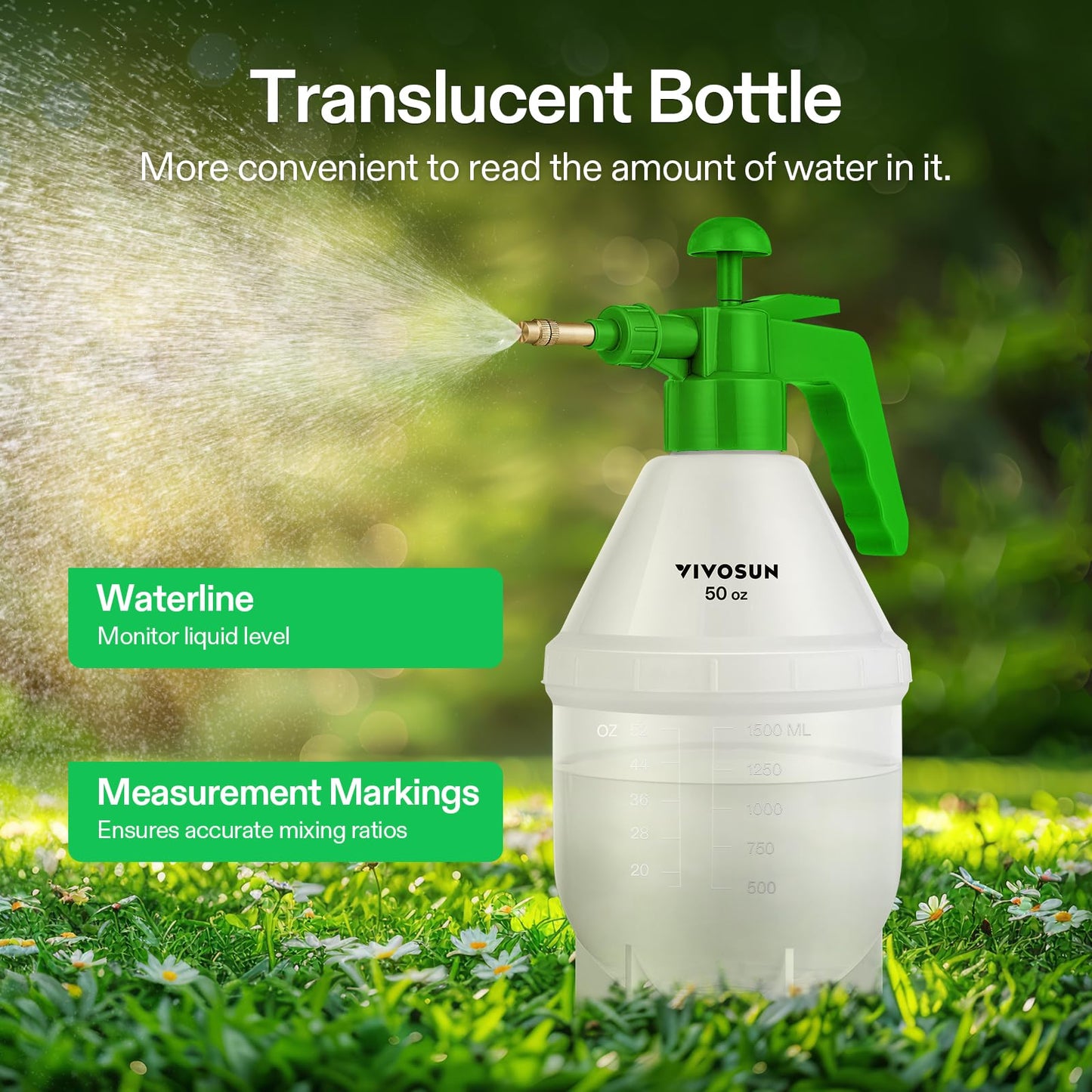 VIVOSUN 50oz Pump Sprayer, Handheld Garden Water Sprayer Bottle with Adjustable Brass Nozzle, for Spraying Plants, Flowers, Weeds and Cleaning, Green