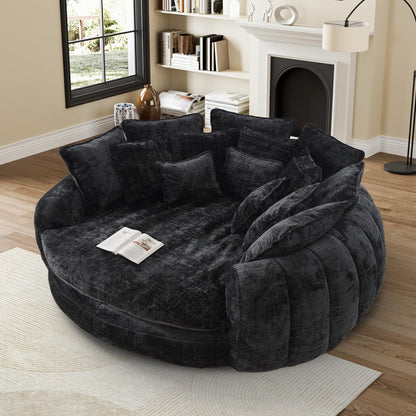 81" Round Sofa Bed Big Bean Bag Round Chaise Lounge Oversized Round Couch Boneless Reading Chair Plush Fluffy Chenille Large Chaise Chair for Living Room, Bedroom, Apartment, Black