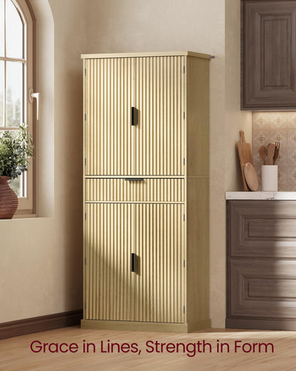 VASAGLE MAXE Collection - Pantry Cabinet, 70.6-Inch Tall Storage Cabinet with Drawer, 6 Adjustable Shelves, 2 Cabinets, Fluted Doors, Mid Century Modern, for Kitchen Living Room, Oak Beige UBBK365Y01