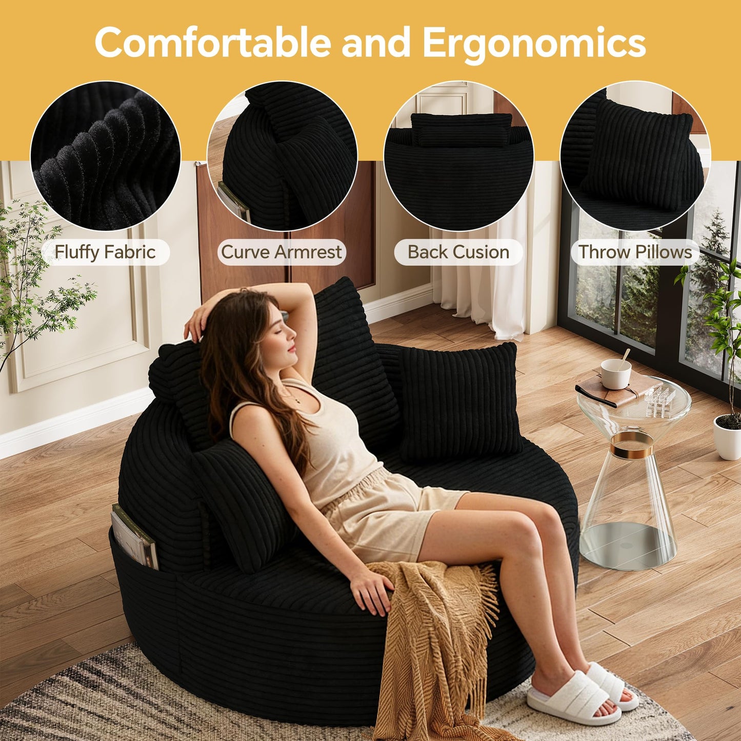 FAVSH 55" Oversized Round Chaise Lounge Chair Indoor, Upholstered Plush Deep Seat Circle Single Cloud Lounge Floor Sofa Chair with 4 Pillows with Side Pocket, Living Room, Bedroom Apartment, Black