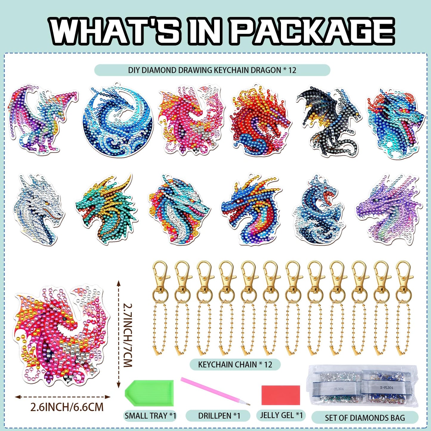 Keluna Diamond Art Keychains Dragon - 12 Pcs Dragon Diamond Painting Kits, Legond Animal Crafts Diamond Art Keychain Kit