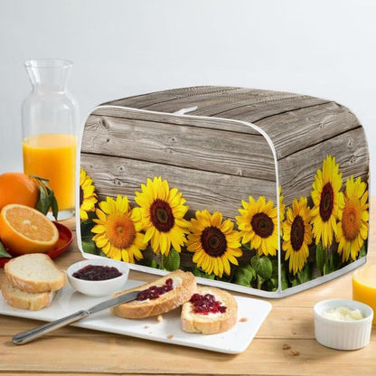 Sunflower Wood Board Toaster Cover, Quilted Polyester for Four Slice Dust Protection with Top Handle