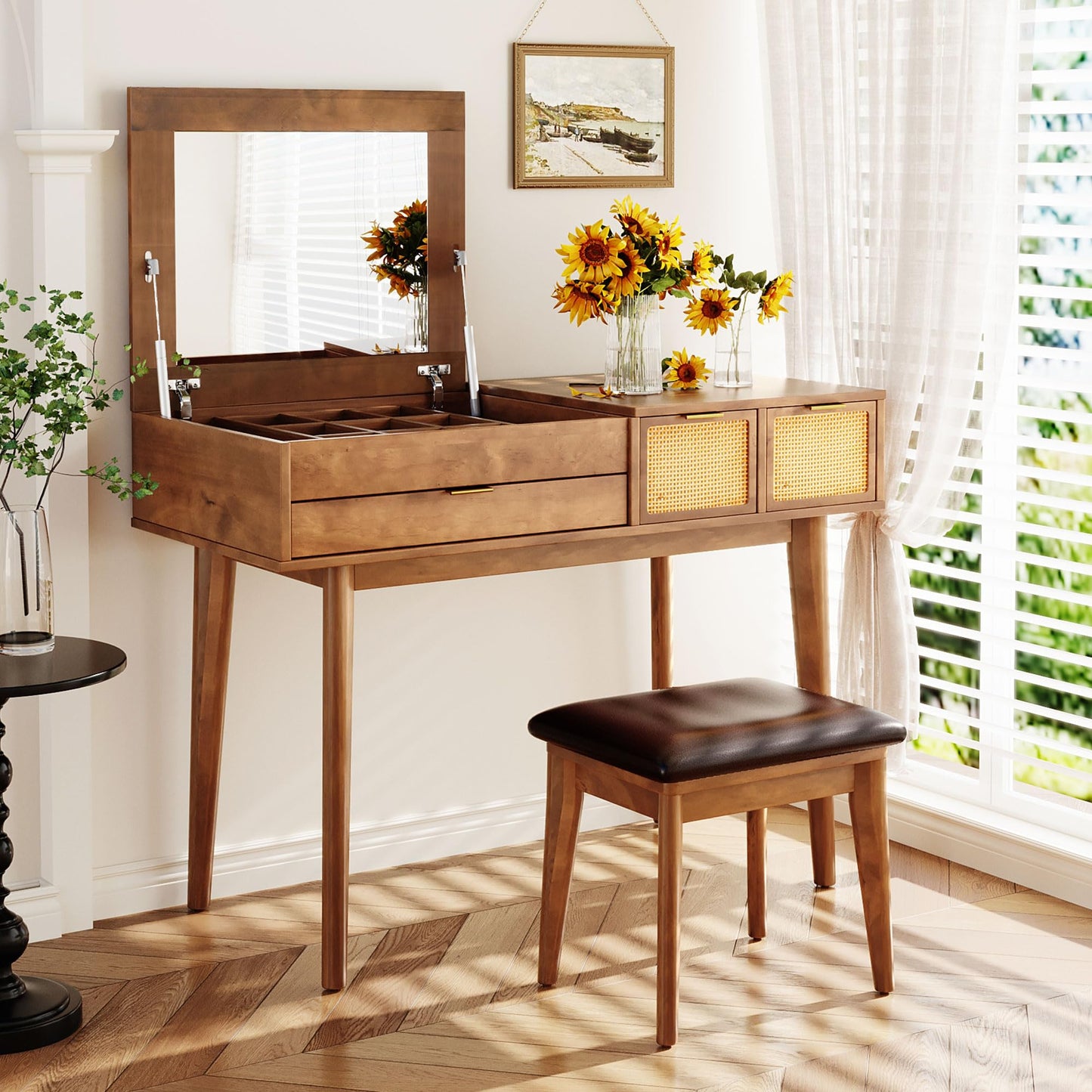 GDFStudio 43.3" Makeup Vanity Set with Flip Top Mirror, Brown Classic Wood Dressing Table with Three Drawers, Upholstered Stool, Hidden Mirror Design, Storage Vanity Furniture for Bedroom