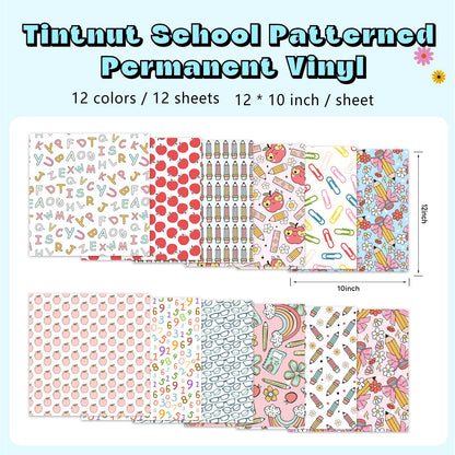 Tintnut Teacher Permanent Vinyl - 12 Sheets 12"x10" School Patterned Permanent Adhesive Vinyl for Cutting Machine,Home Decor Self Sticker