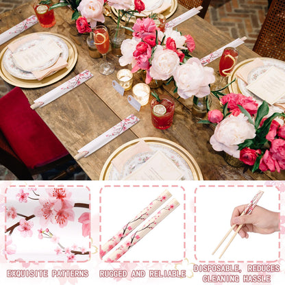 Suttmin 50 Pairs Cherry Blossom Chopsticks Bulk with Sleeved Blue Flower Disposable Bamboo Eucalyptus Chopsticks Wedding Favors Chinese Japanese Food Supply for Takeout Picnic(Cherry)