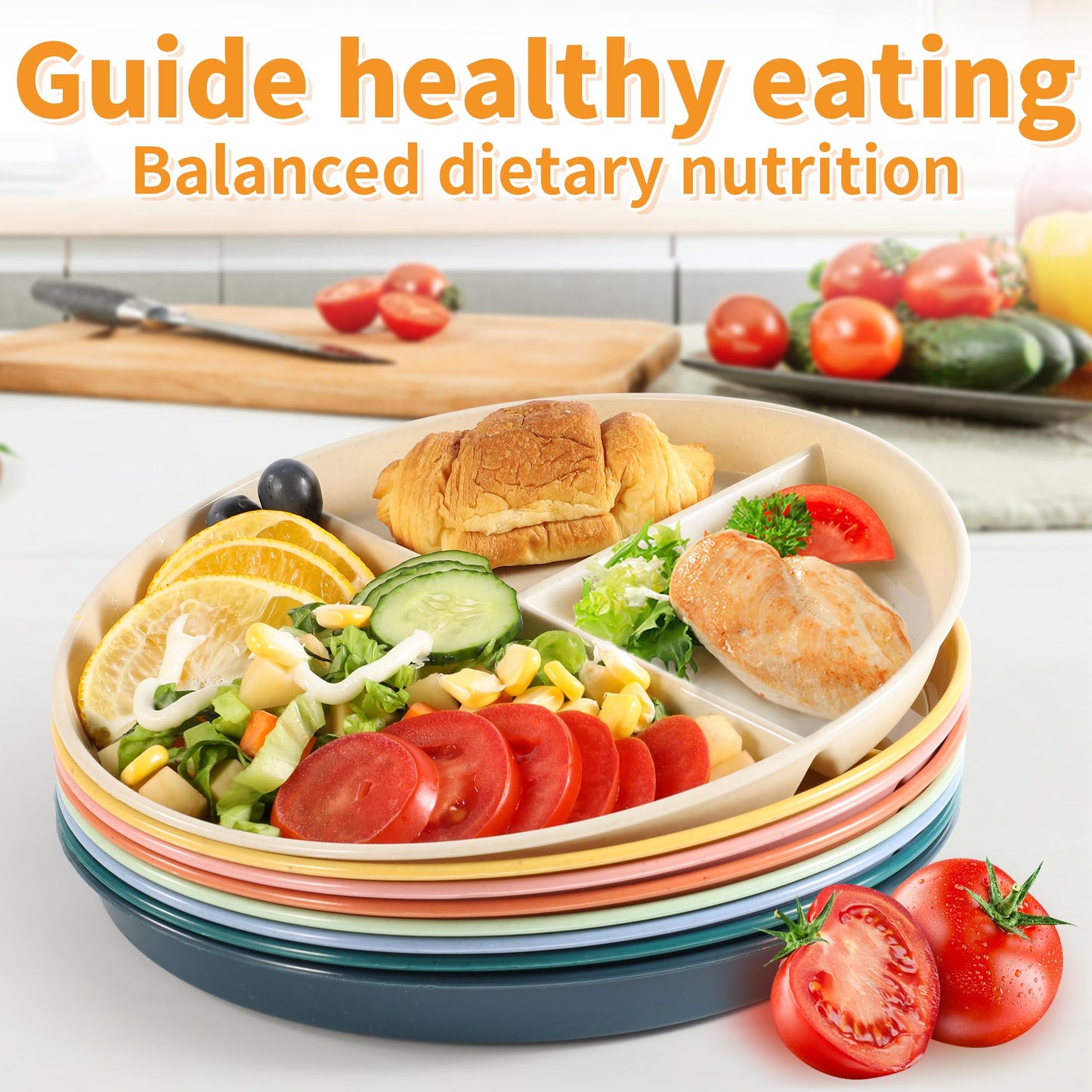 becutlery 9" Unbreakable Divided Plates (8 PCS). Microwave & Dishwasher Safe! For kids & adults. Wheat straw, BPA - free. Portion control for health/weight loss. 3 -compartment, durable & smooth.