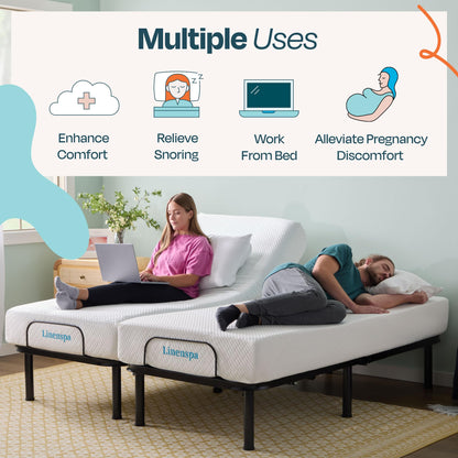 Linenspa Adjustable Bed Frame - Independent Head and Foot Incline - Powerful Quiet Motor - Easy Toolless Assembly - Lounging - TV - Working - Reading - Ergonomic - Electric Bed Base - Twin XL Size